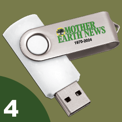 Tile labeled #4 featuring a USB drive with the Mother Earth News logo and the date range 1970-2024; click to get deal.